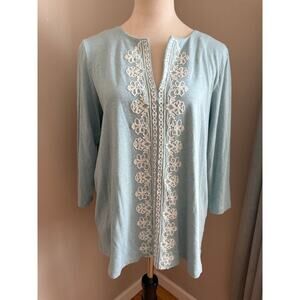 J. Jill Seafoam Embroidered Split Neck Top Size Medium Coastal Grandma Bohemian